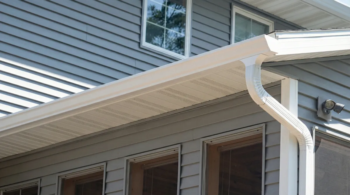 Professional home remodeling project showing newly installed white seamless gutters and downspouts on a house with gray siding in Akron, OH
