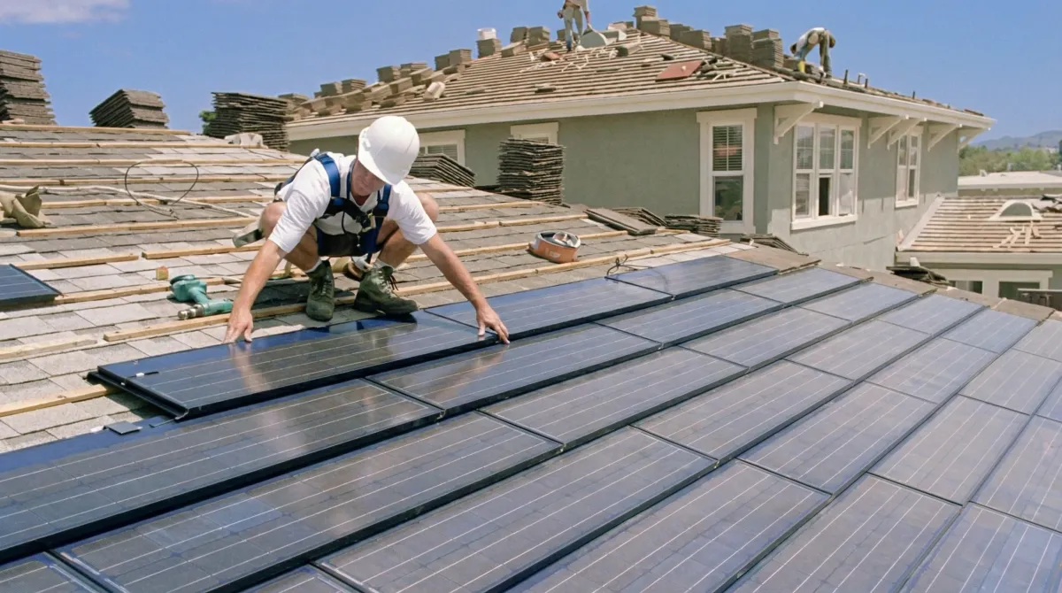 Roof replacement expert installing modern solar shingles on a residential home in Akron, OH