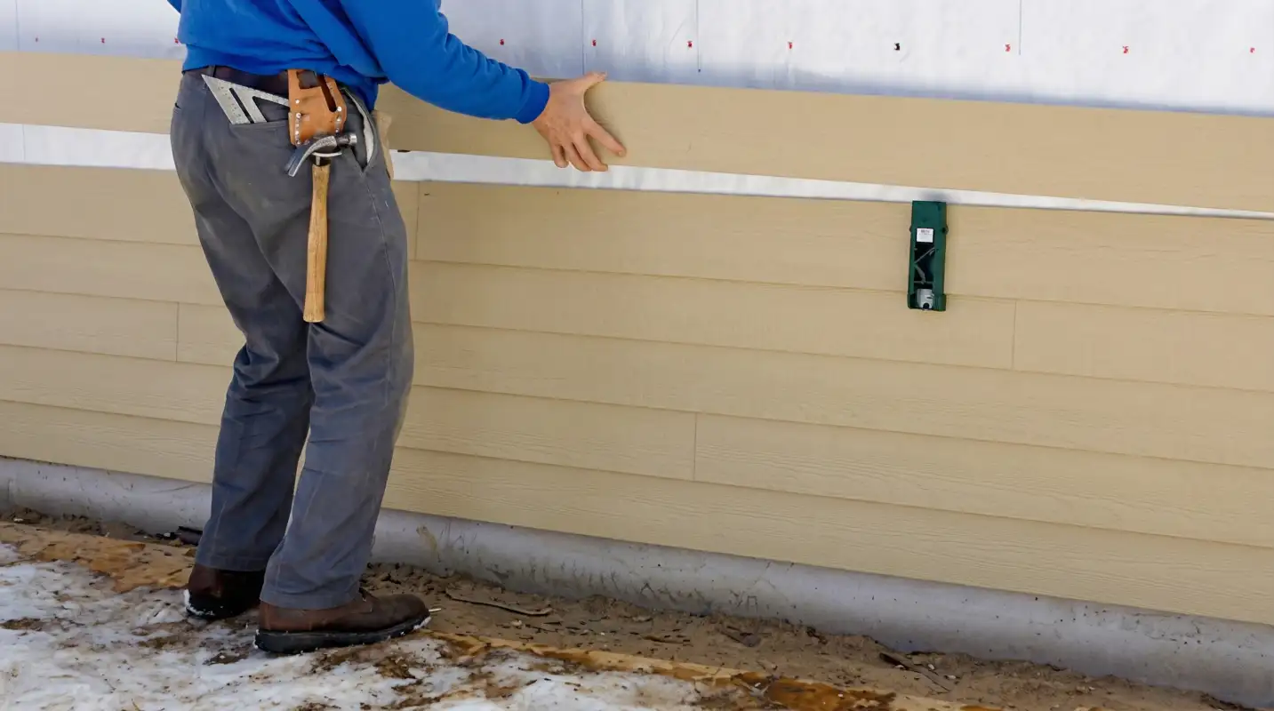 Siding replacement expert carefully aligning a new tan siding panel onto a residential exterior wall in Akron, OH