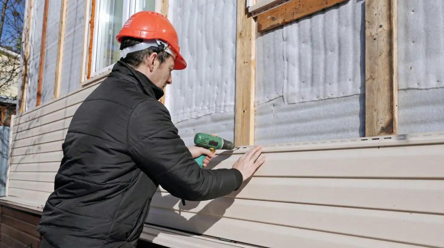 Siding replacement professional using a power drill to install new tan vinyl siding on a home exterior in Akron, OH