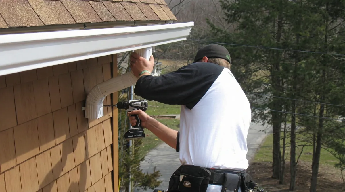 Professional contractor installing tan vinyl siding panels on a residential home exterior in Akron, OH