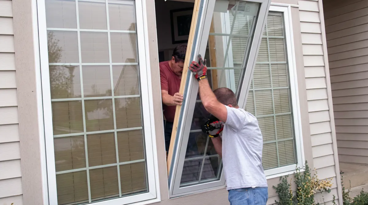 Professional home remodeling team installing a large replacement window on a house with tan siding in Akron, OH