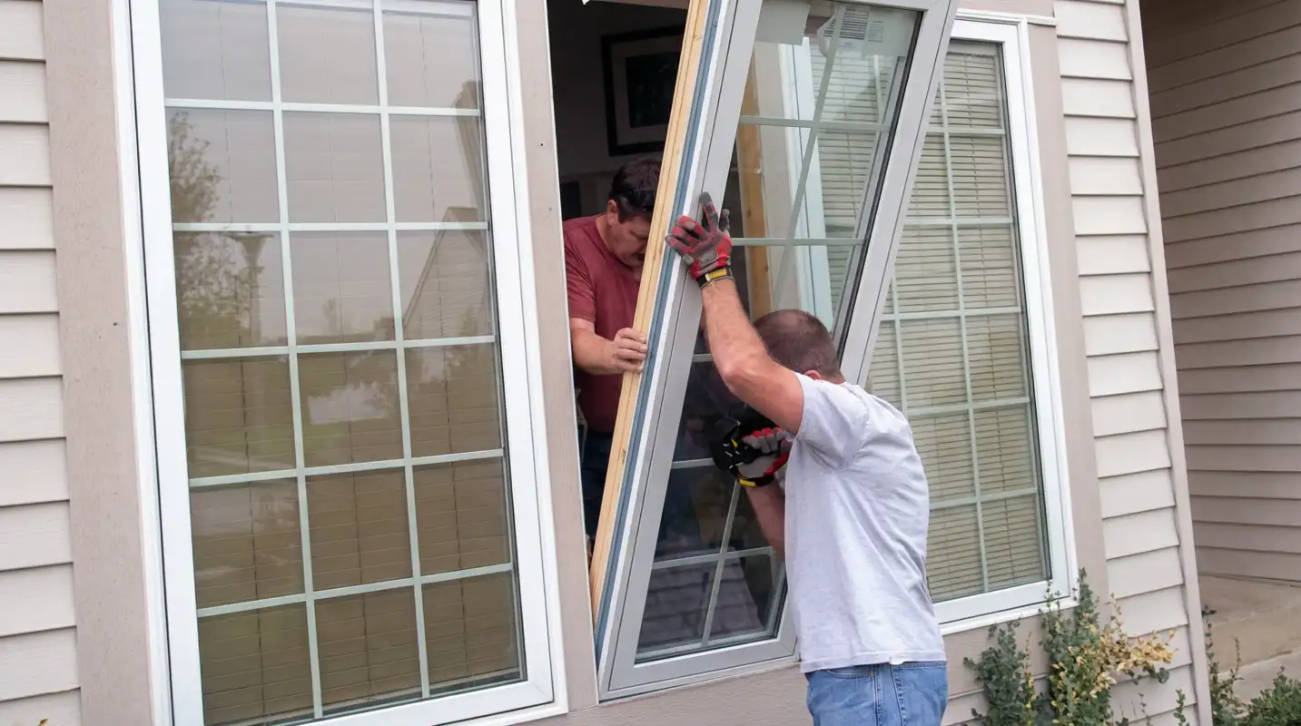 Professional home remodeling team installing a large replacement window on a house with tan siding in Akron, OH
